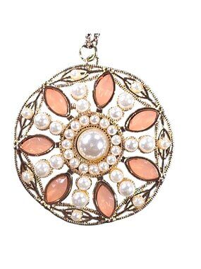 Gold-Tone Pendant Necklace Faux Pearls Peach AccentsBoho Floral mandala jewelry